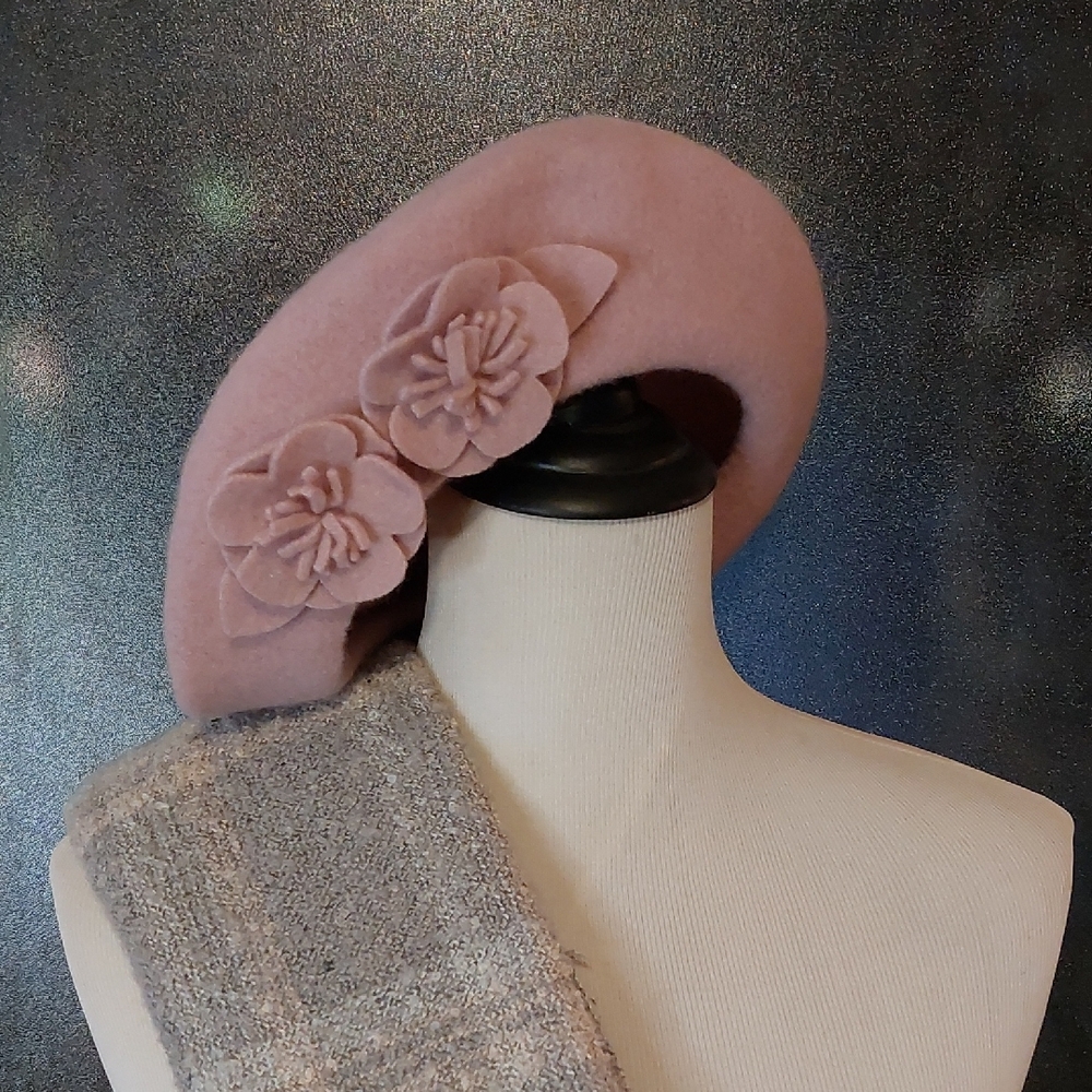 Pink Floral Wool Beret Hat